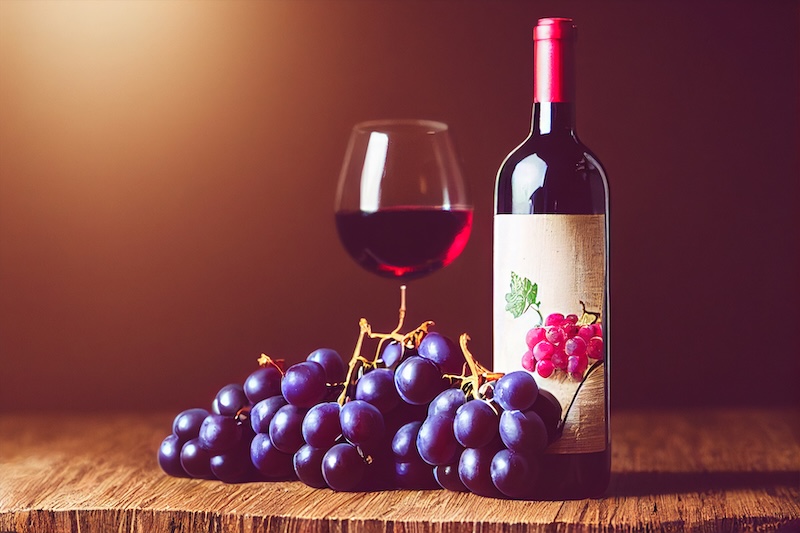 Vinflaska, glas och druvor